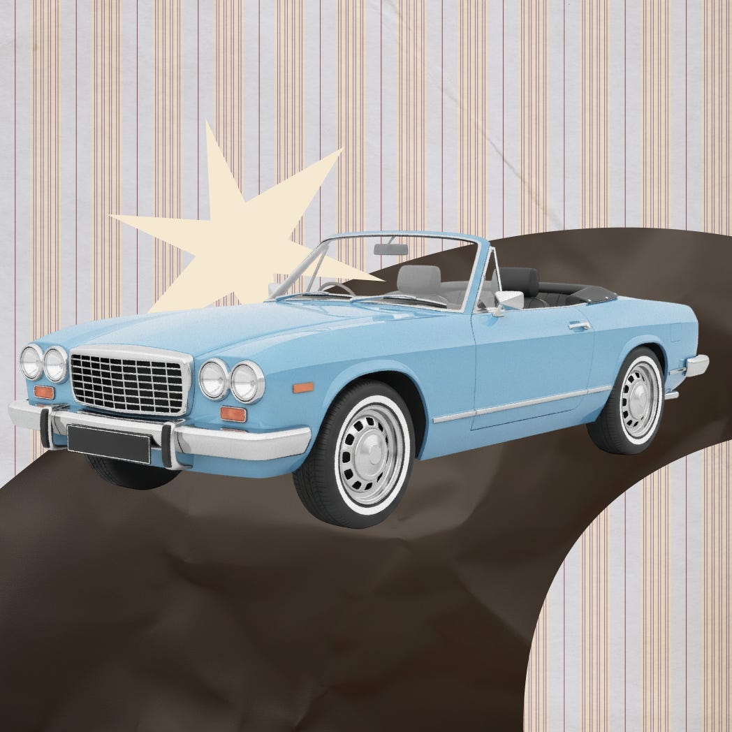 Illustration of a vintage blue convertible driving across a graphic landscape.
