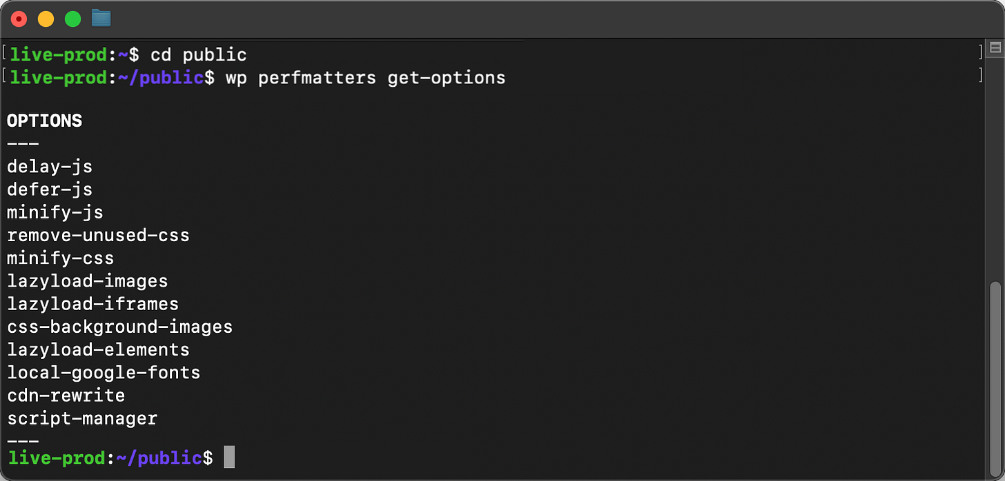 Perfmatters WP-CLI get-options