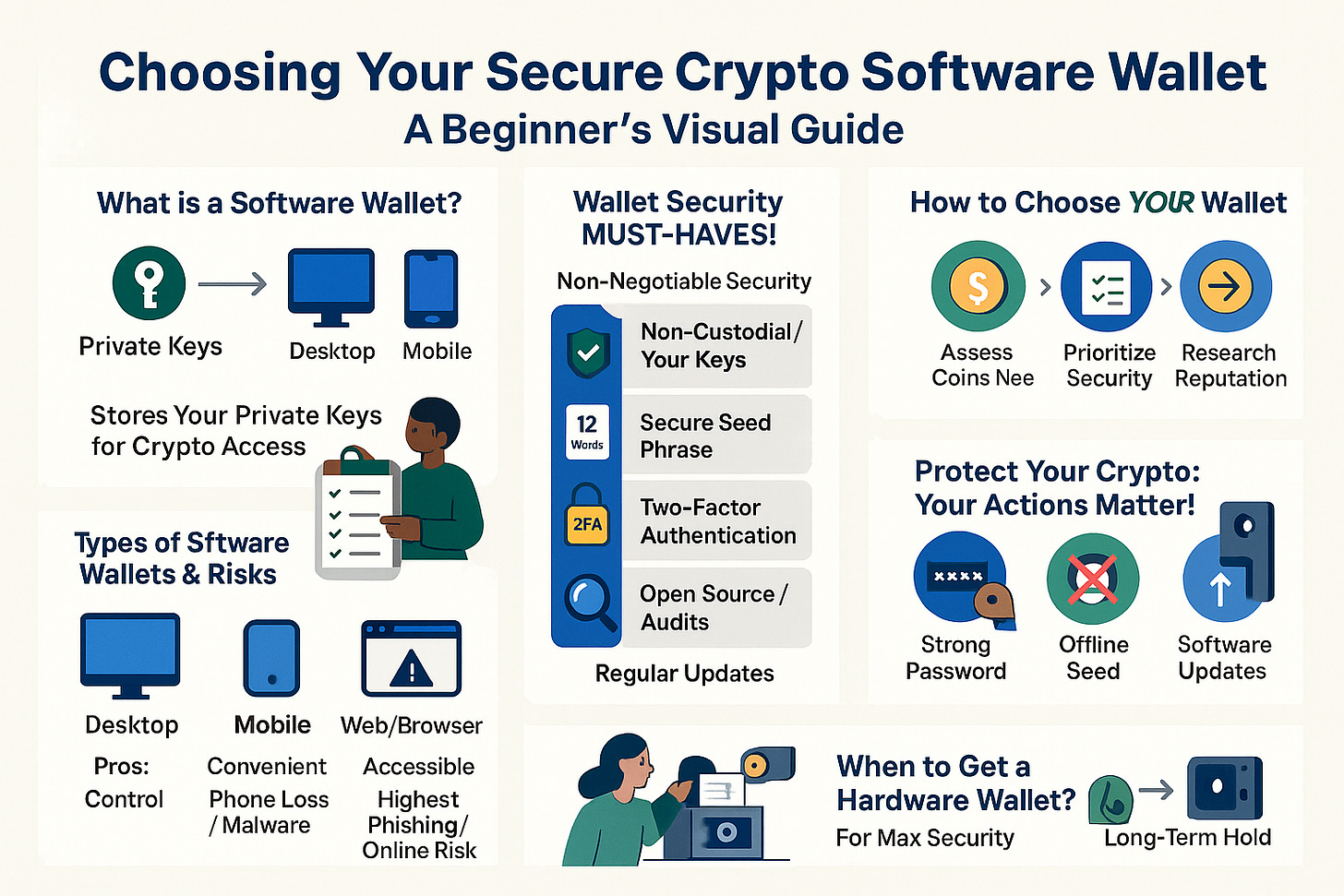 Infographic summarizing how to choose a secure crypto software wallet. Sections include wallet types, essential security features, best beginner wallets, common mistakes, and expert safety tips. Features flat design icons and clear visuals of crypto safety tools