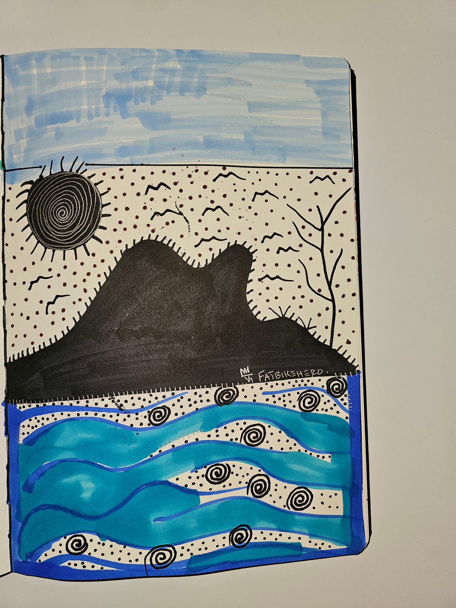 Original marker drawing by FatbikeHero (b. 1983) depicting a black silhouette mountain, spiral sun, and blue patterned ocean waves, signed M. Fatbikehero.