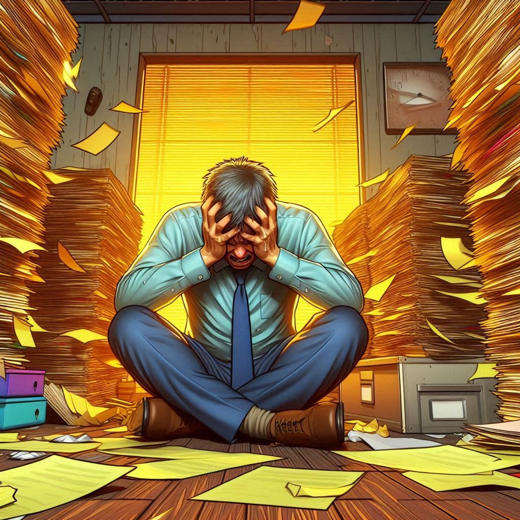 a political cartoon man crying and burying his head in his hands in the middle of a room filled with stacks and stacks of yellow paper on every side of the room