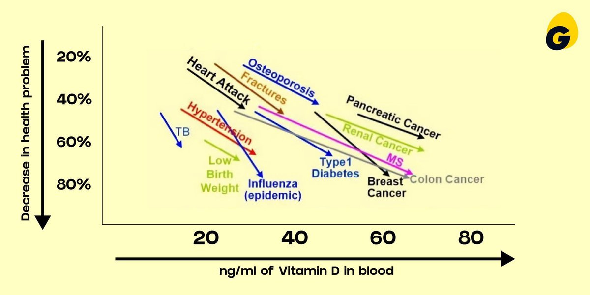 A chart plotting the decrease in health problems against blood levels of Vitamin D in ng/ml. The x-axis ranges from 0 to 80 ng/ml, and the y-axis shows a percentage decrease from 0% to 80%. Lines indicate various health issues like heart attack, osteoporosis, pancreatic cancer, breast cancer, colon cancer, type 1 diabetes, influenza, low birth weight, hypertension, and TB, showing their association with Vitamin D levels. A watermark with a "G" logo is present in the top right corner.