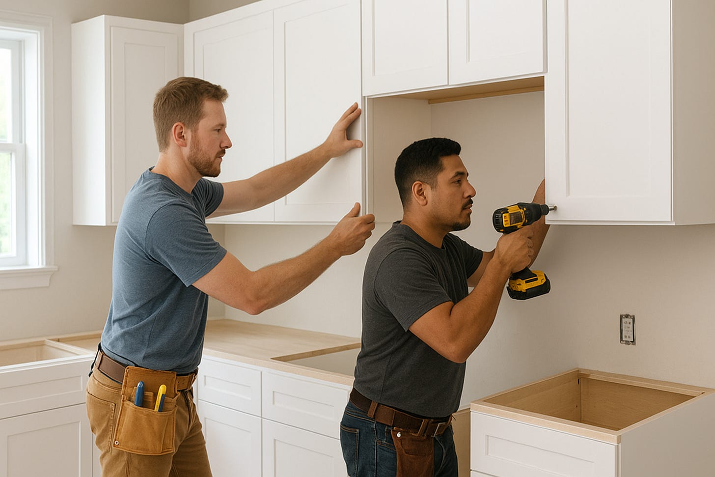 Two men install cabinets in a white kitchen