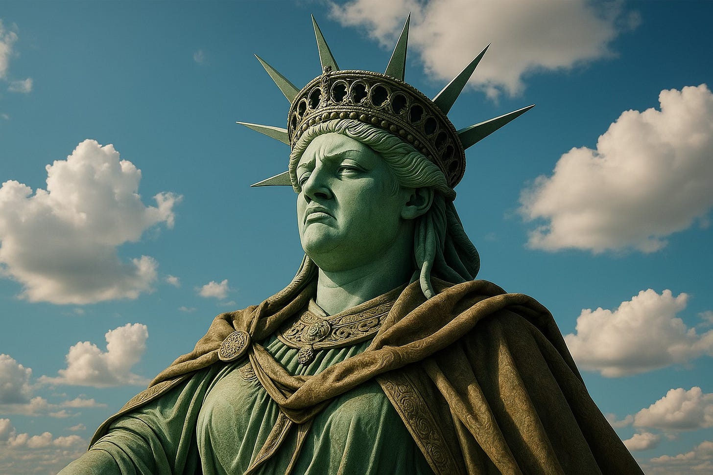 A haughty and contemptuous Statue of Liberty, without the torch