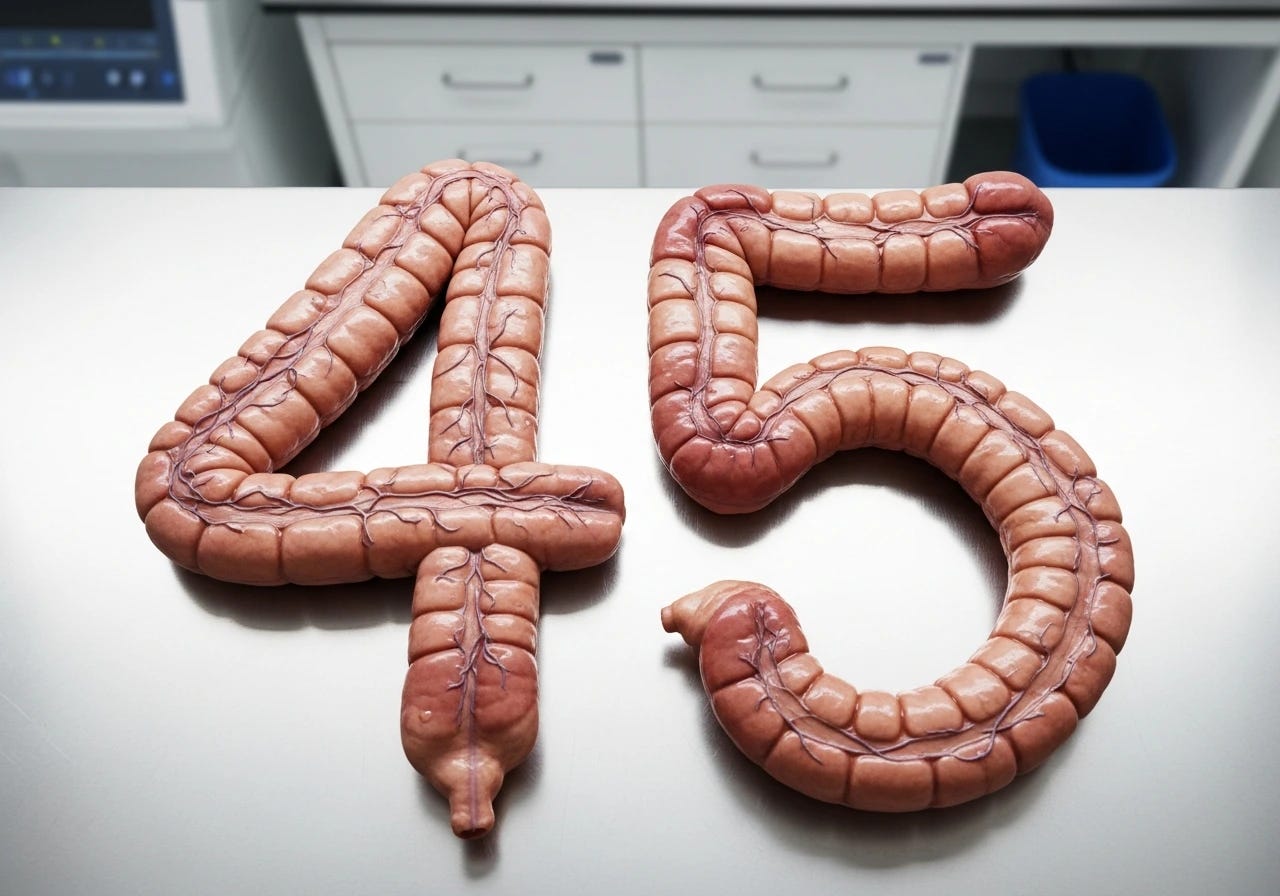 large intestines shaped to spell out the number 45