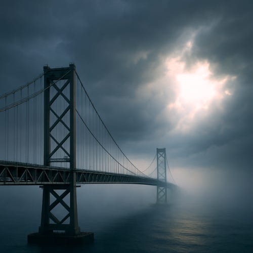 A long, partially built bridge stretching into dark clouds, with a shaft of sunlight breaking through — symbolizing the uncertain but necessary path beyond 2030.