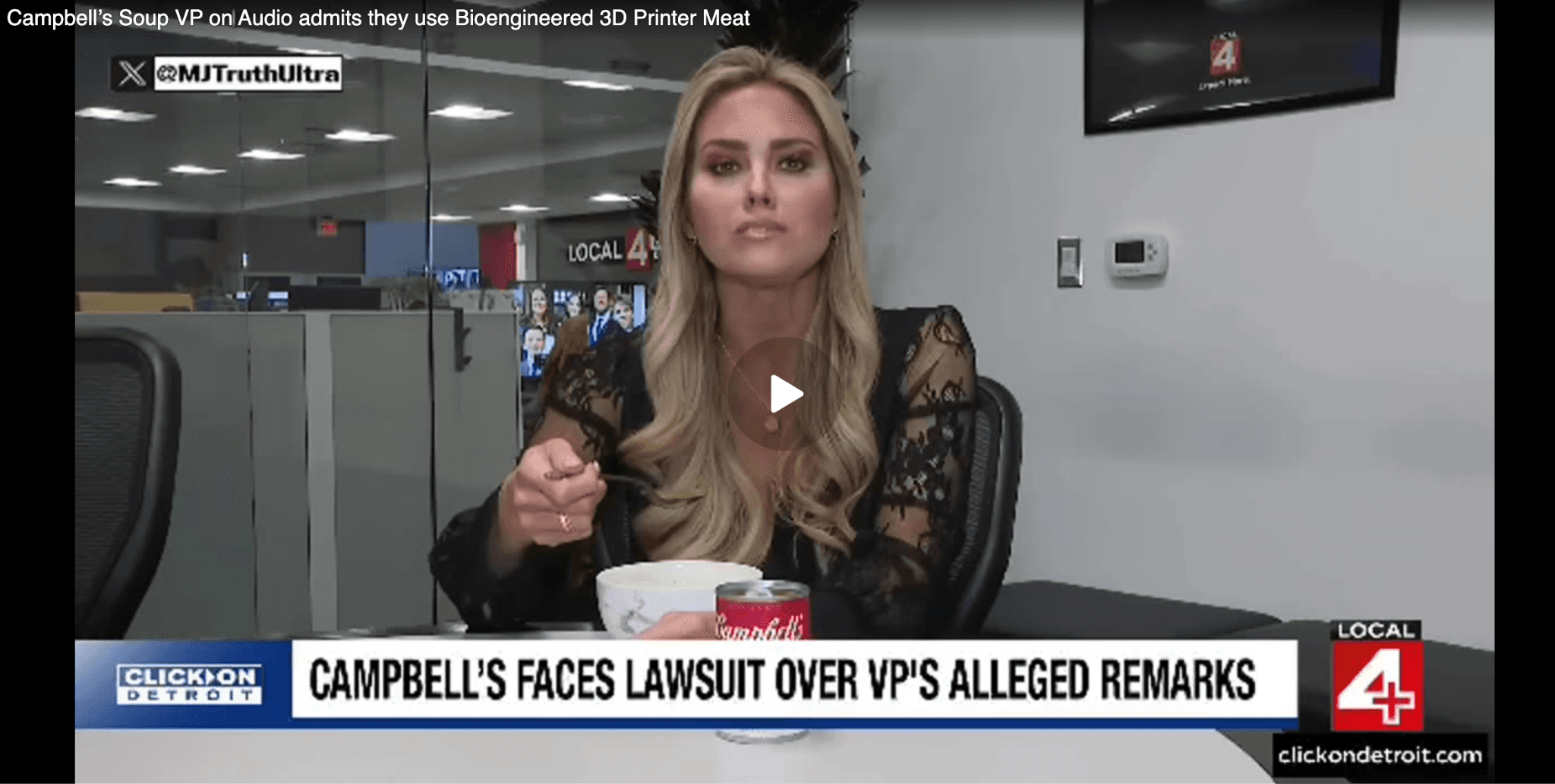 A screenshot from a Rumble video titled “Campbell’s Soup VP on Audio admits they use Bioengineered 3D Printer Meat,” misrepresenting the clip of local news coverage it shared (the original news segment is titled “Campbell’s Faces Lawsuit Over VP’s Alleged Remarks”).