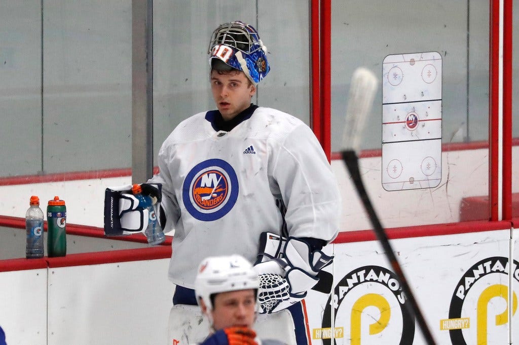 New York Islanders goalie Ilya Sorokin #30 , during practice at the New York Islanders training facility in East Meadow, Long Island. New York Islanders goalie Ilya Sorokin #30 , during practice at the New York Islanders training facility in East Meadow, Long Island.