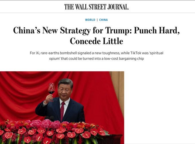 Newspaper article from The Wall Street Journal with headline Chinas New Strategy for Trump: Punch Hard, Concede Little under World China section featuring text about Xi Jinping and a photo of Xi Jinping in a suit holding a wine glass in front of a red curtain with large red flowers