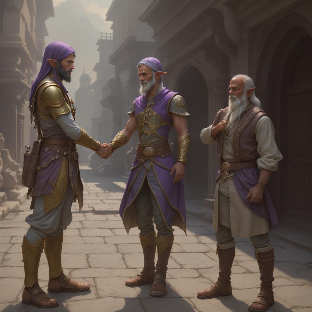 A fantasy setting where a purple elf is shaking hands with an Indian construction worker. A fantasy setting where a purple elf is shaking hands with an Indian construction worker.