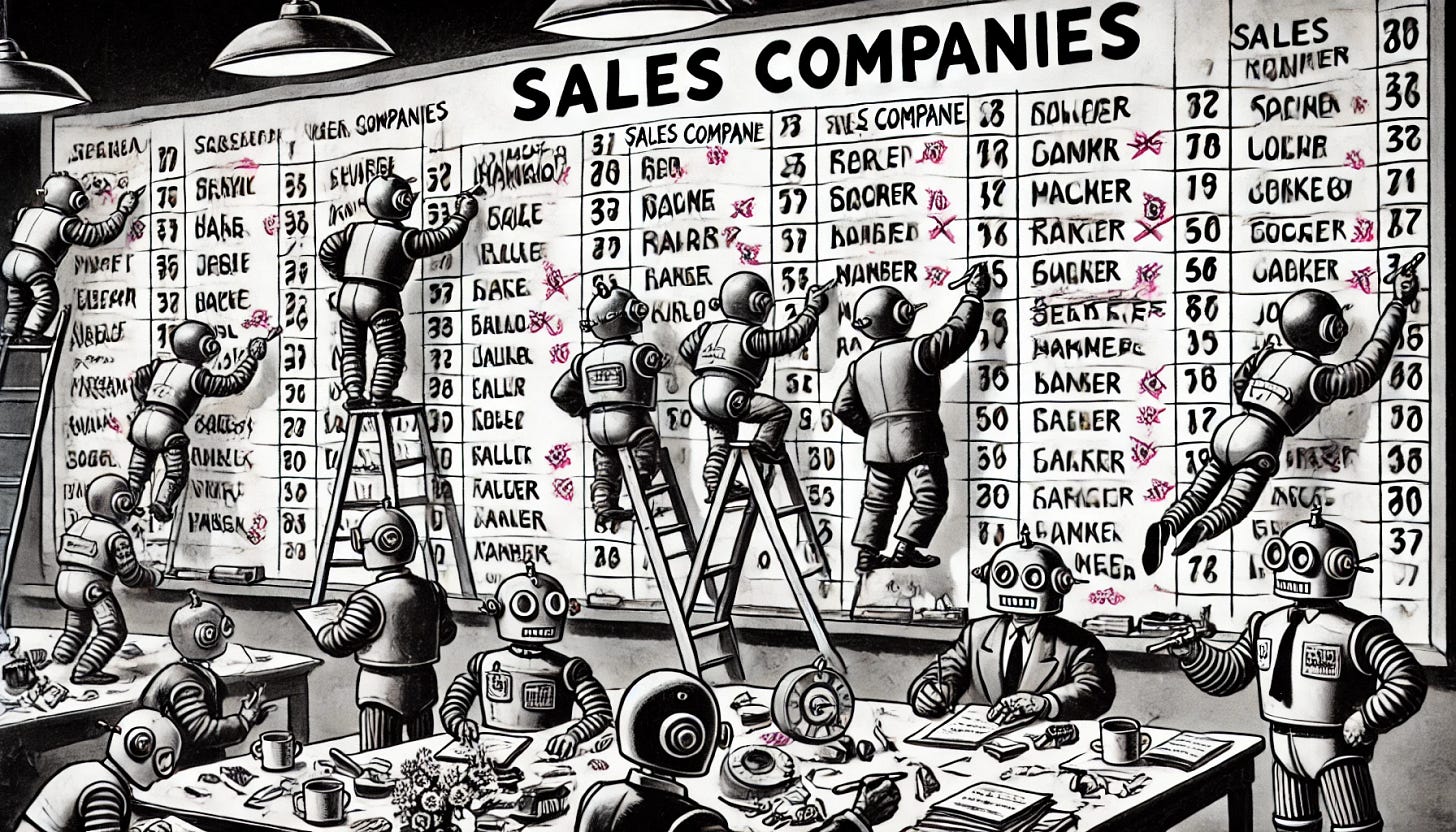 A black and white cartoon-style illustration showing a chaotic scene of robots scoring various sales companies on a whiteboard using brackets. The whiteboard is filled with names of different sales companies and bracketed scores, while the robots are frantically writing, pointing, and discussing. Some robots are climbing over each other, others are jotting down notes or adjusting scores with exaggerated gestures. The scene is lively, with a retro, animated feel and an exaggerated cartoonish style that emphasizes the excitement and chaos of the scoring process.