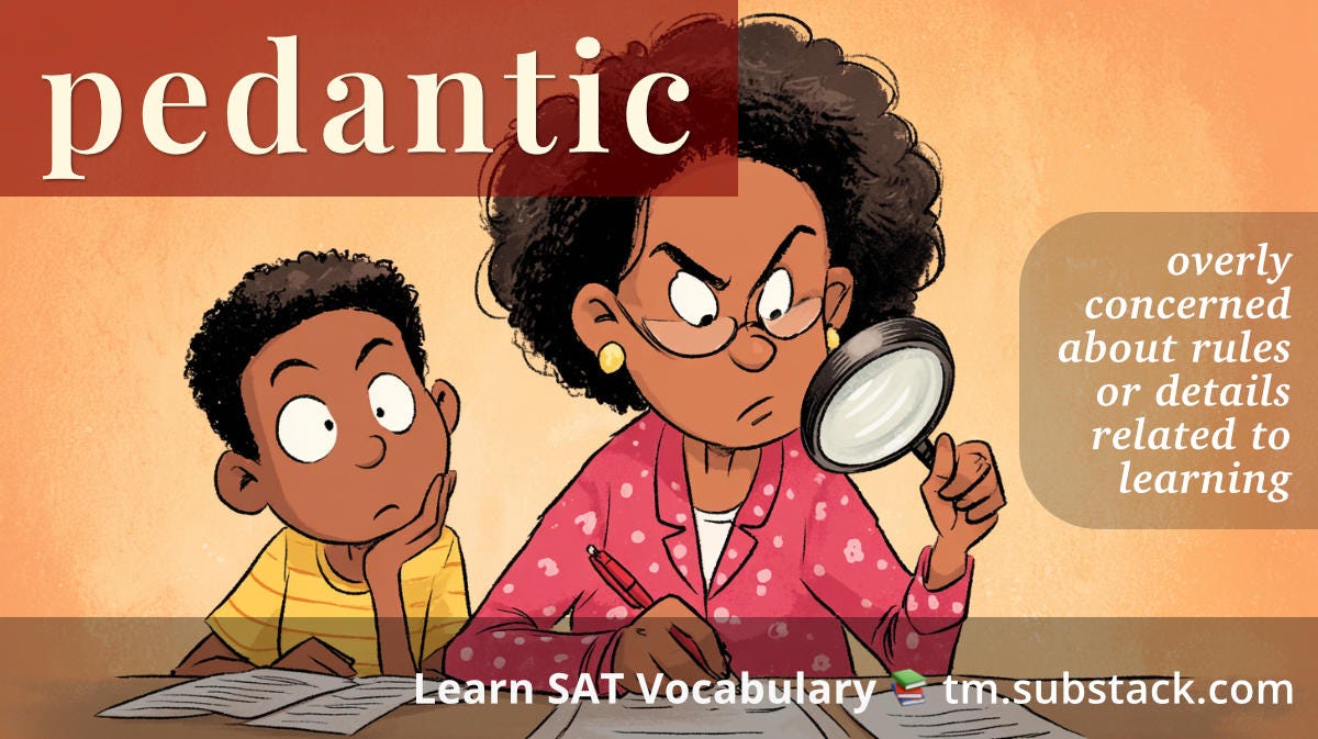 Illustration of a teacher correcting a student's paper with the student to her right; teacher is holding a magnifying glass and red pen; used to illustrate the SAT word 'pedantic'.