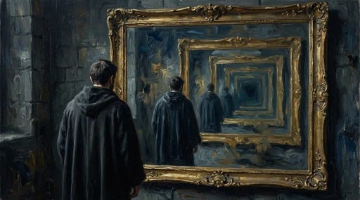 A person looking at infinite reflections in a mirror, representing the recursive nature of self-observation. A person looking at infinite reflections in a mirror, representing the recursive nature of self-observation.