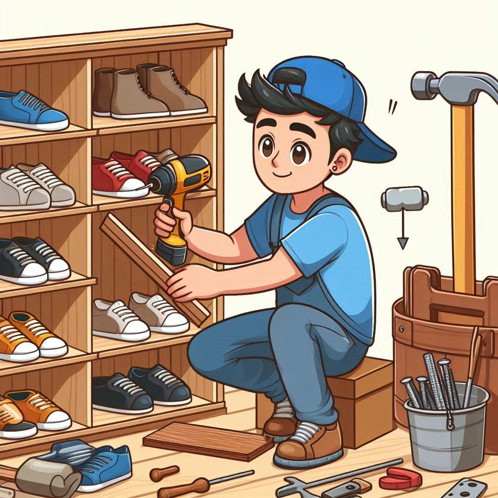 Please create an image of a man working on building a shoerack. Can it please be in a cartoon form?