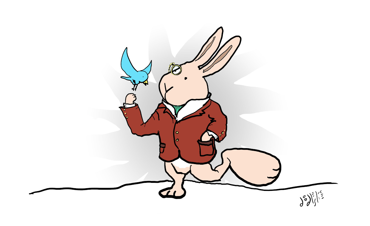 A cartoon of a bunny with a monocle looking at a blue bird. The bunny has an enormous foot. Art by Doodleslice 2025
