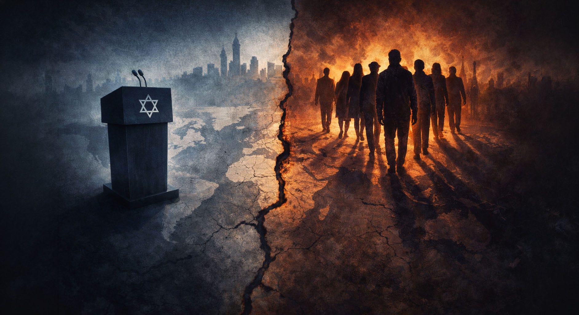 A split oil-painting style image showing a political podium on one side and people walking away across a fractured world on the other, symbolizing how political decisions create real human consequences. A split oil-painting style image showing a political podium on one side and people walking away across a fractured world on the other, symbolizing how political decisions create real human consequences.