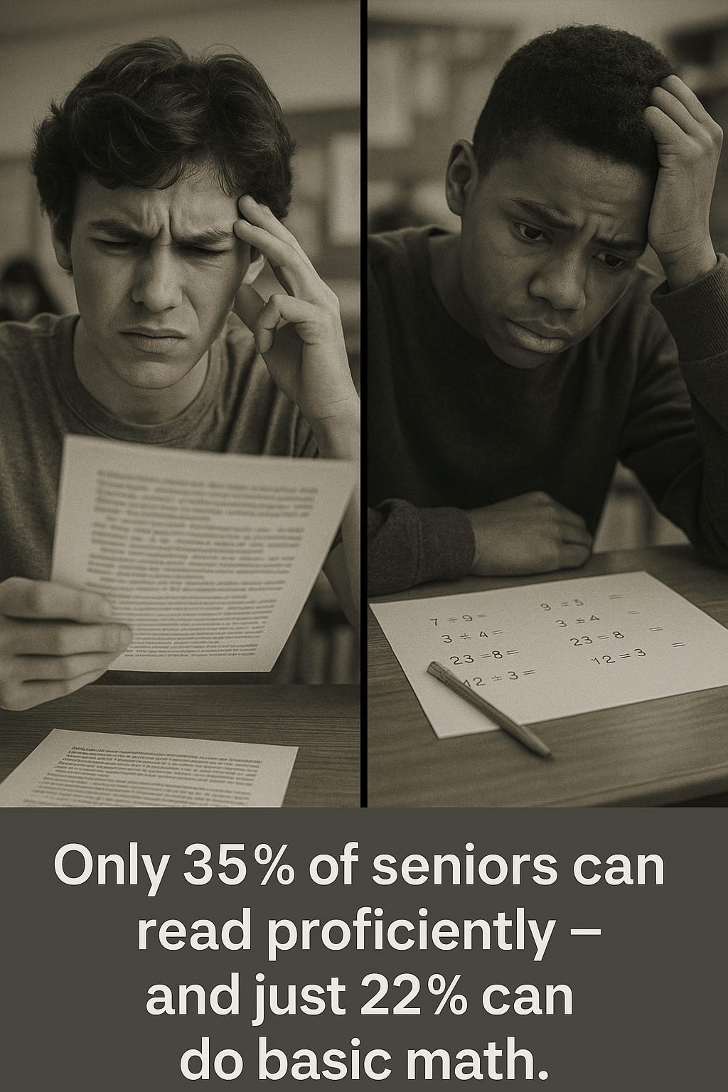 Teens struggling with reading and basic math in a classroom setting.