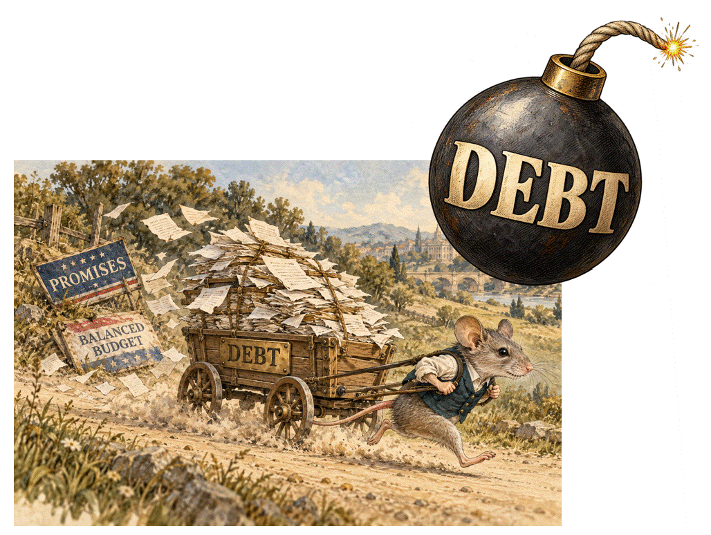 The image depicts a mouse running away from a large, explosive-looking cannonball, symbolizing the destructive impact of debt, with a background featuring elements like balanced budgets and promises.

AI-generated content may be incorrect.