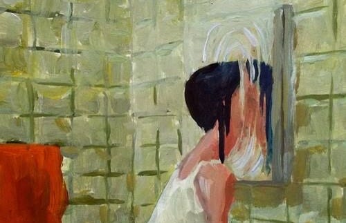 This may contain: a painting of a woman sitting in front of a mirror