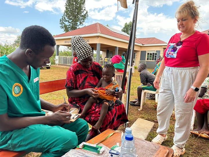 Pictures of a clinic in Mutai Uganda include the clinic building itself as well as people offering healthcare to the community.