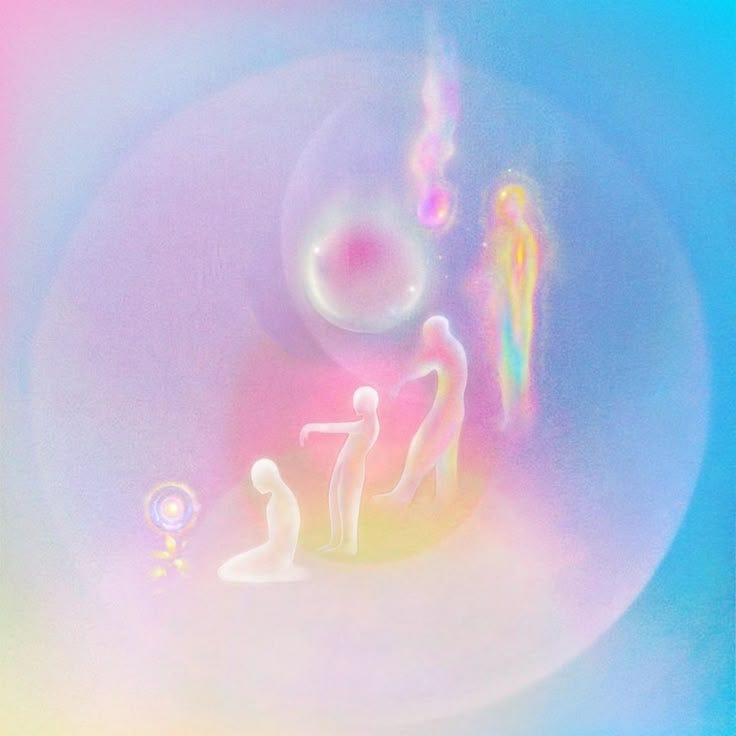 This may contain: an abstract painting with people and bubbles in the air, on a blue pink yellow green purple background