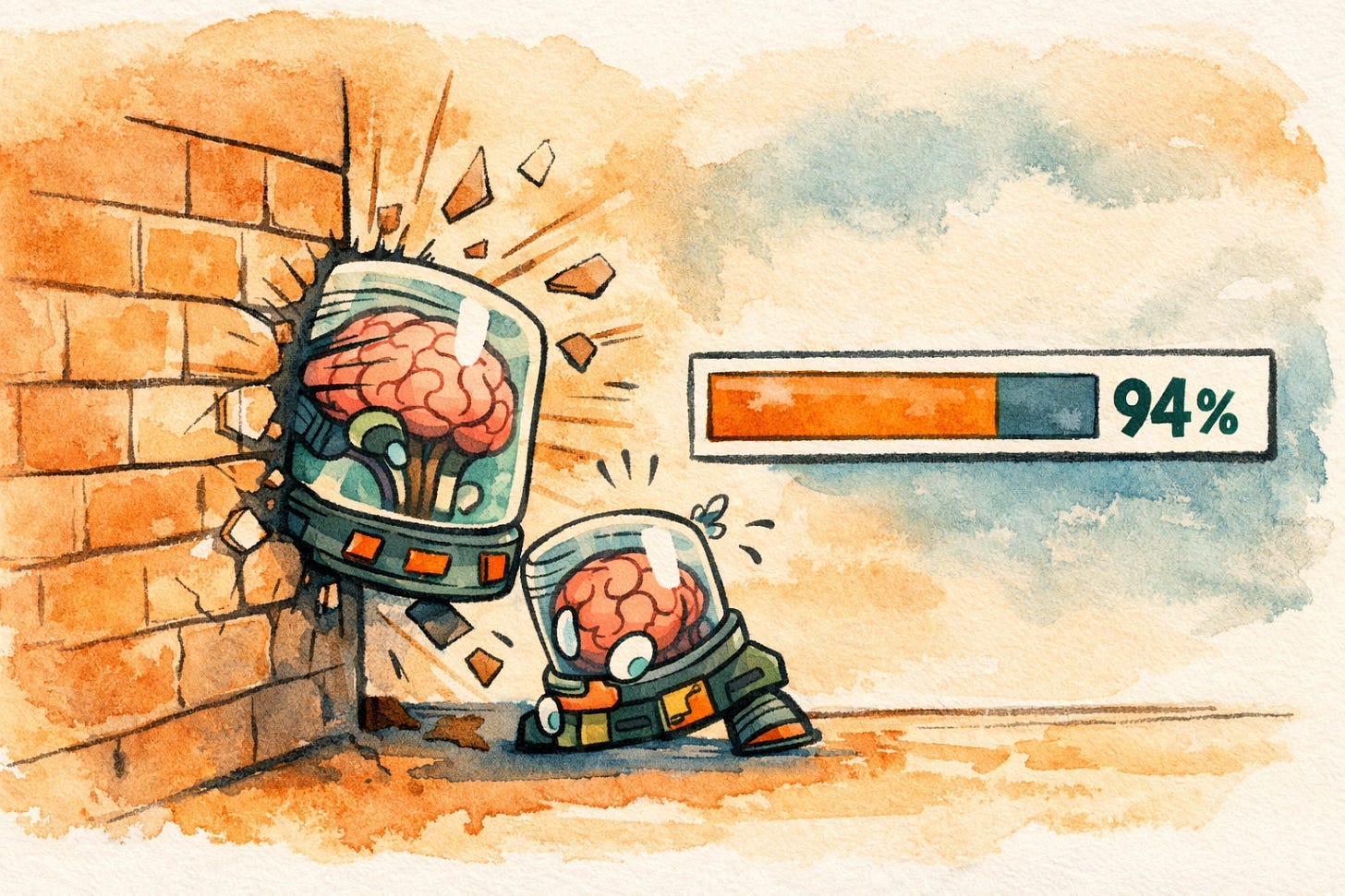 Claude Max usage limits — Brain in a Jar mascot hits a wall at 94% monthly usage, representing Claude throttling and getting cut off mid-workflow