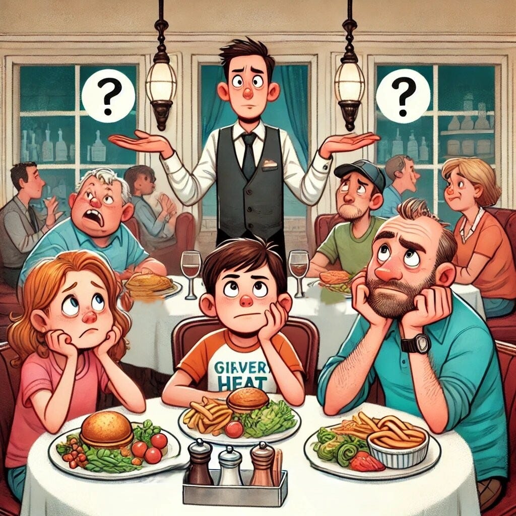 Family sitting at a restaurant table, looking puzzled and frustrated as they stare at their meals with no silverware 