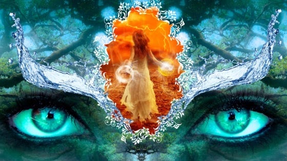 Green, earthy eyes peer out from the depths of a shadowed forest; between watery brows a prophetic image looms: a flame hued-girl in a tattered white dress draws vortices into her hands in a parched, rocky, lightning-plagued land.