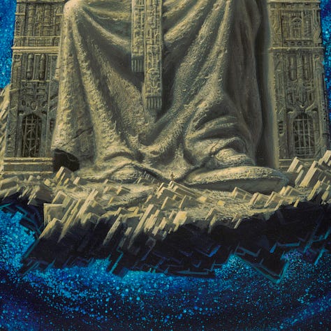 LEFT: Detail from EMPIRE featuring a headless statue in stately robes sits upon a stone throne hovering in front of a vibrant blue spiral galaxy. A tall shiny helmet floats empty just above the statue's shoulders. CENTER: Close detail from EMPIRE featuring a headless statue sitting on throne hovering in front of a vibrant blue spiral galaxy. The artist sigil is worked into the stone of the throne. RIGHT: Close detail from EMPIRE featuring a tiny figure at the foot of the statue to provide perspective on how enormous it is.