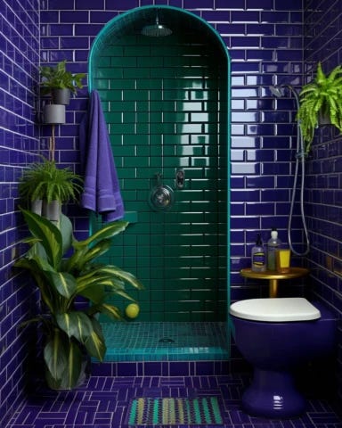two bathrooms whose styles are blended to create a third