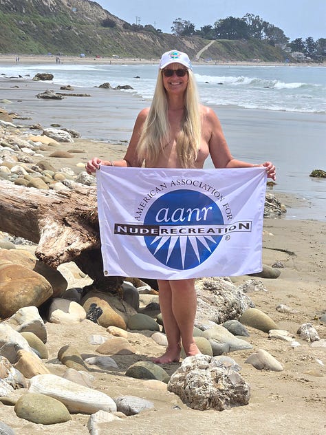 A six-photo grid: Linda Weber holding an AANR flag at Bates Beach; Justin from Nude Lease on Life at Gunnison Beach with a “nude sunbathers” sign; Anthony Bravo lounging with a yellow towel in New Hampshire; Chet standing in a pool; Karen Day in a dimly lit nighttime swim; and Scott Hanzelka joyfully emerging from a pool in Texas.