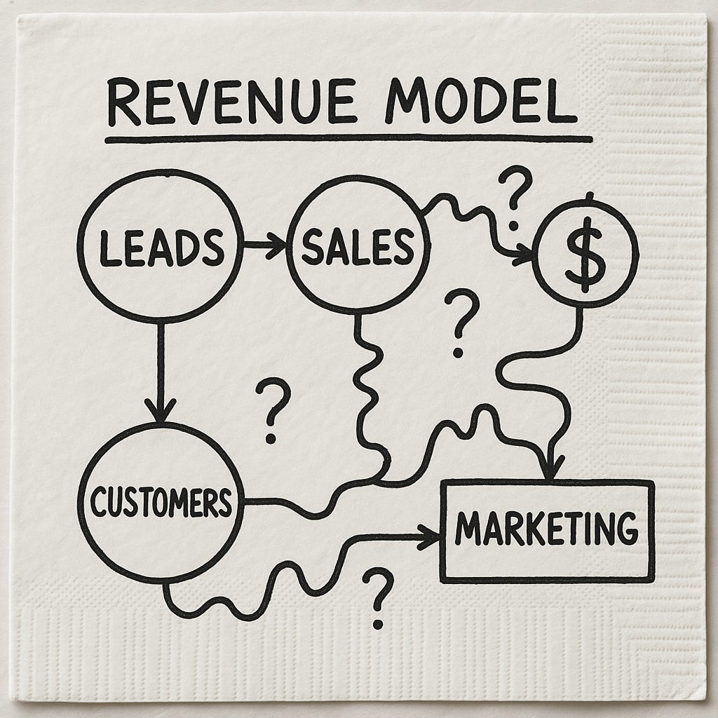 Hand-drawn revenue model diagram showing leads, sales, customers, marketing, and revenue with question marks highlighting unclear startup metrics.