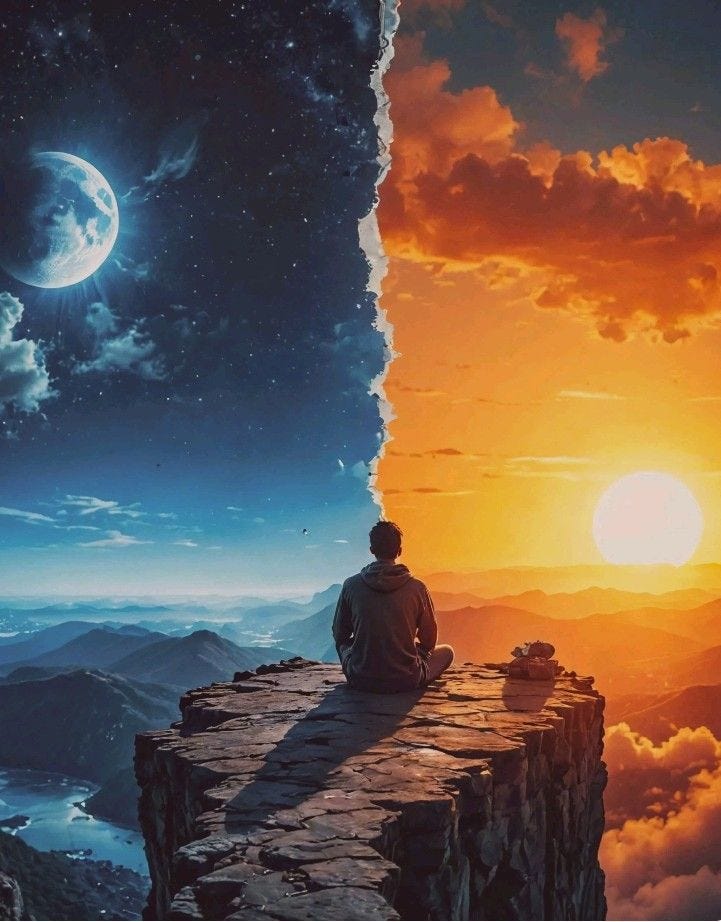 This may contain: a man sitting on top of a cliff looking out at the sunset and stars in the sky This may contain: a man sitting on top of a cliff looking out at the sunset and stars in the sky