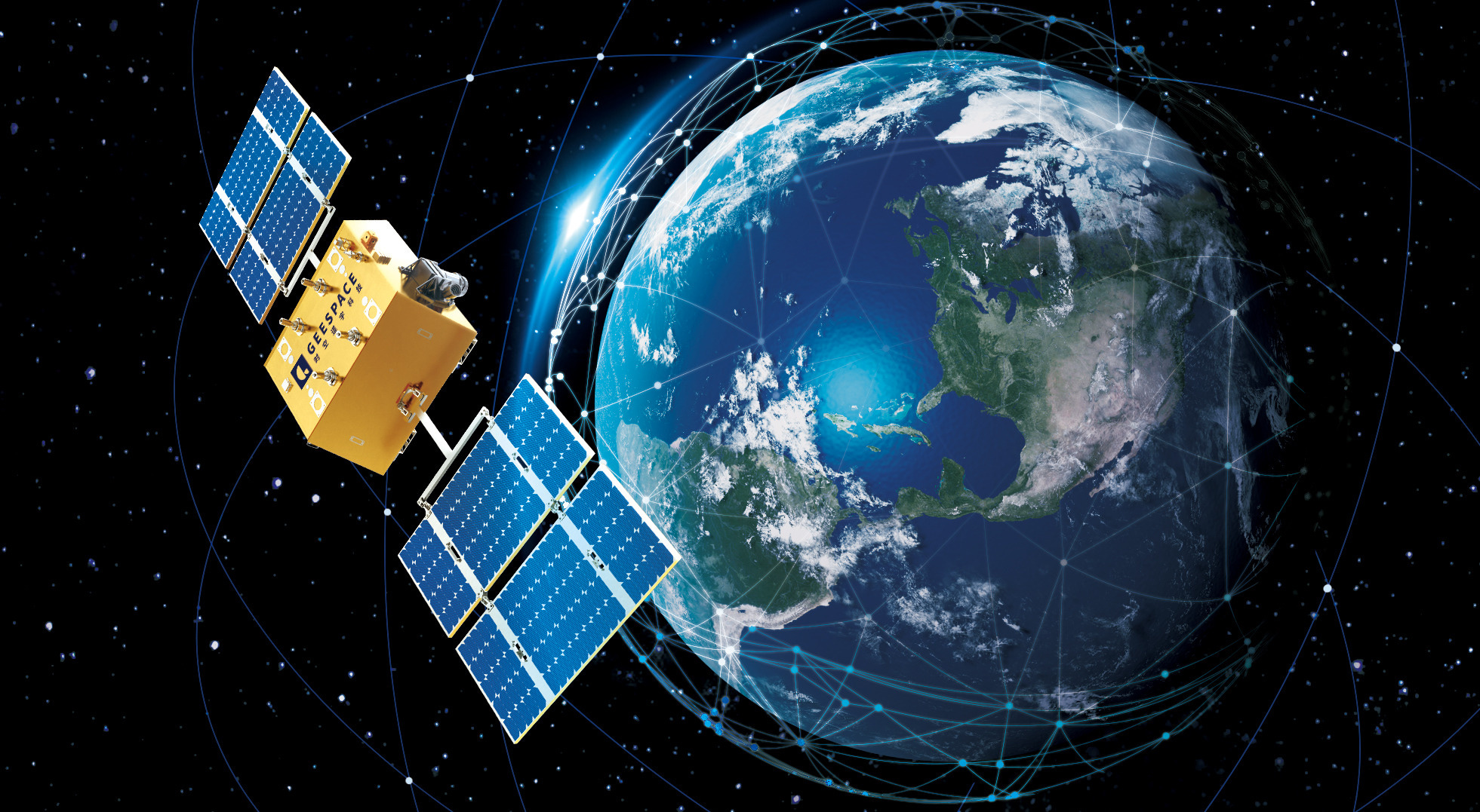 A render of a Geely Future Mobility Constellation satellite in Earth orbit providing connectivity services. 