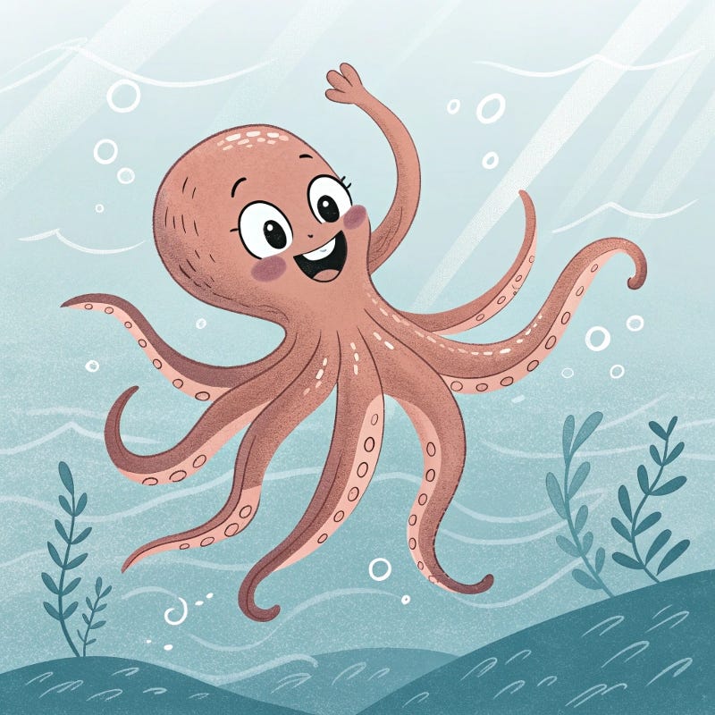 The same octopus is now free from his tangles. His arms are spread wide, waving about in the water. The octopus is smiling.
