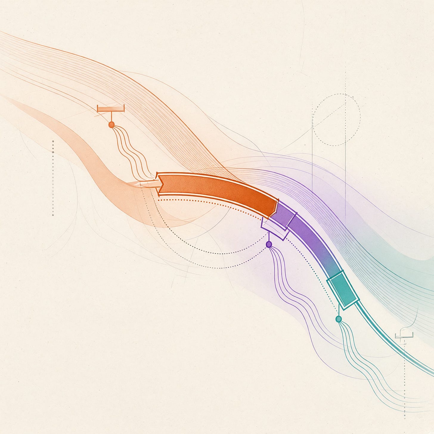 A high-energy non-text editorial illustration of one RNA transcript producing a dominant canonical protein and several smaller translated forms from upstream, overlapping, and downstream regions