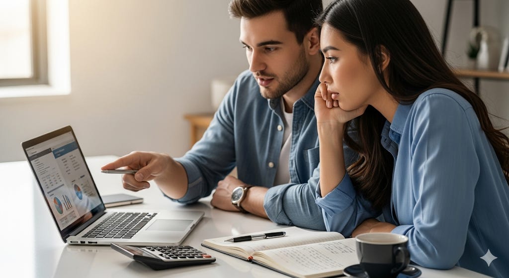 Pareja revisa documentos financieros en su laptop para aprovechar los beneficios de la sociedad conyugal fiscal en México.