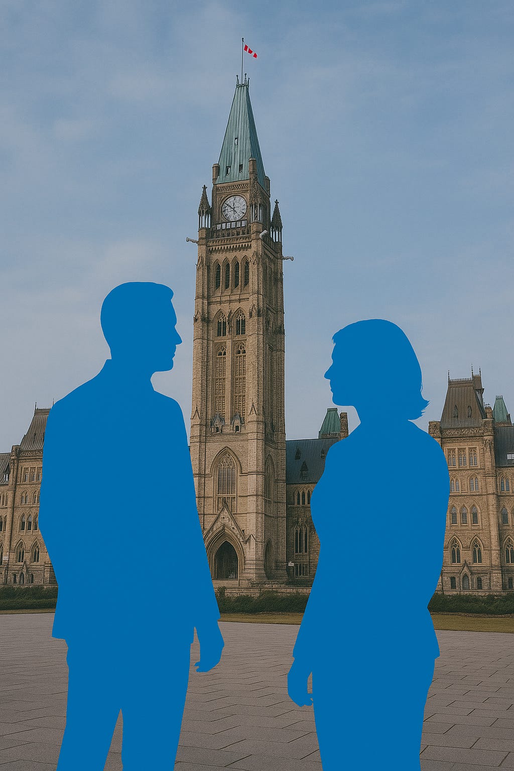 A silhouette of a man and a woman, both in medium blue, stand facing each other in front of Canada’s Parliament buildings in Ottawa. The Peace Tower rises between them under a partly cloudy sky. The figures symbolize the possibility of a new Conservative Party of Canada leader—whether man or woman—stepping forward to shape the country’s future.