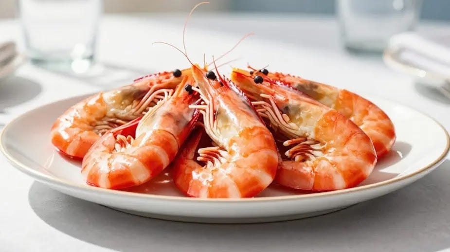 A painting of a plate of prawns (shrimp) A painting of a plate of prawns (shrimp) that contain Chitan