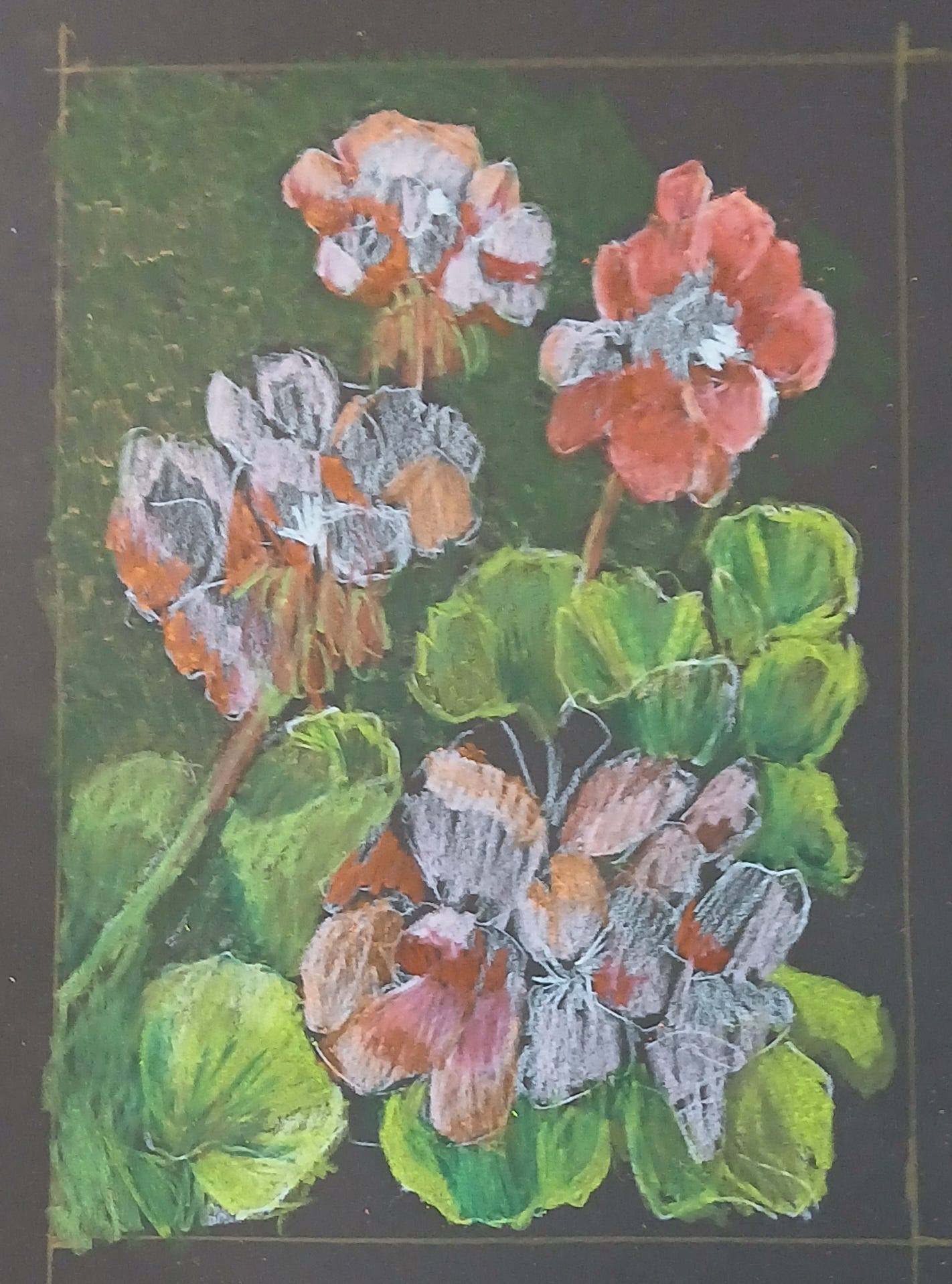 First layer of colors, oranges and greens