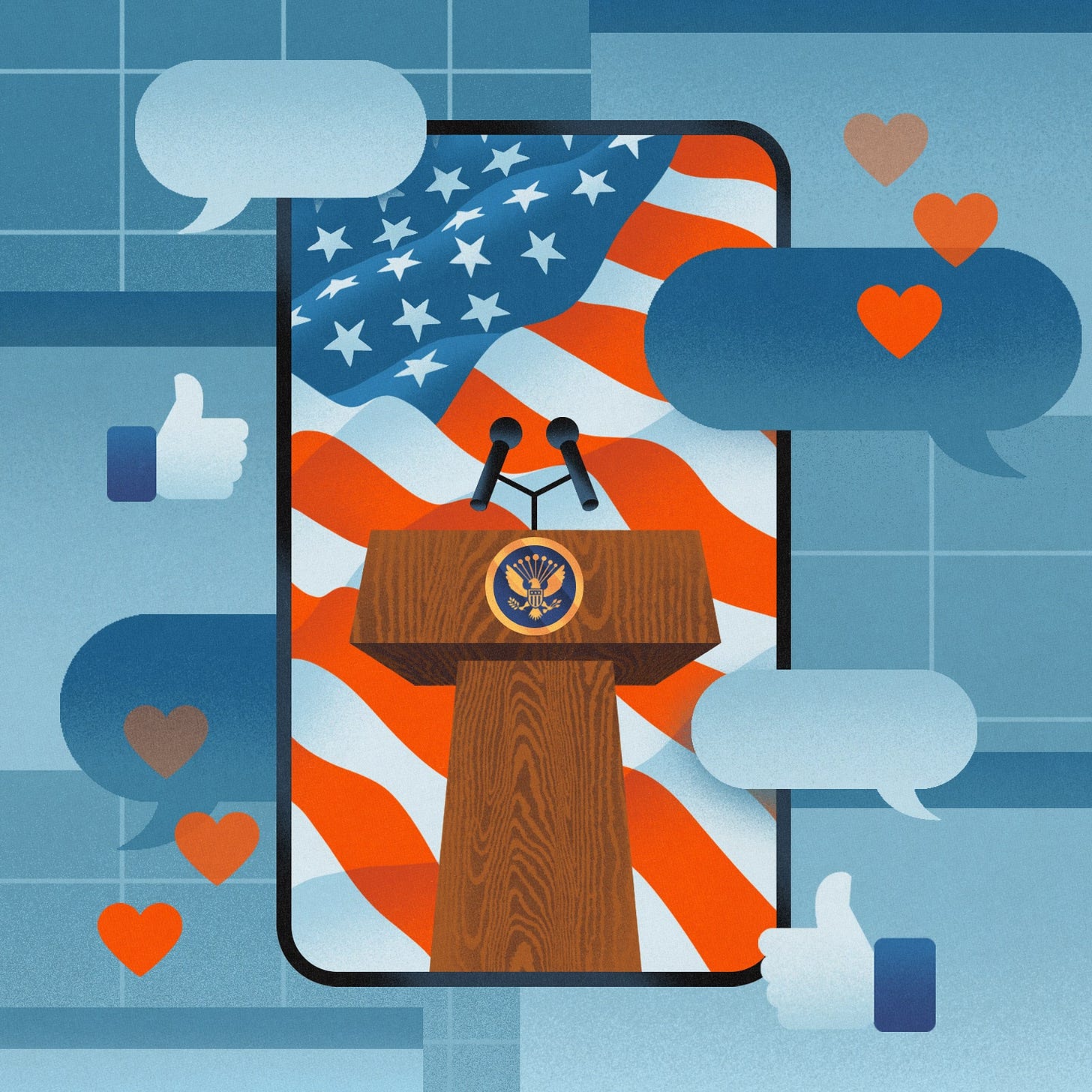 Illustration of an iPhone broadcasting a presidential campaign.