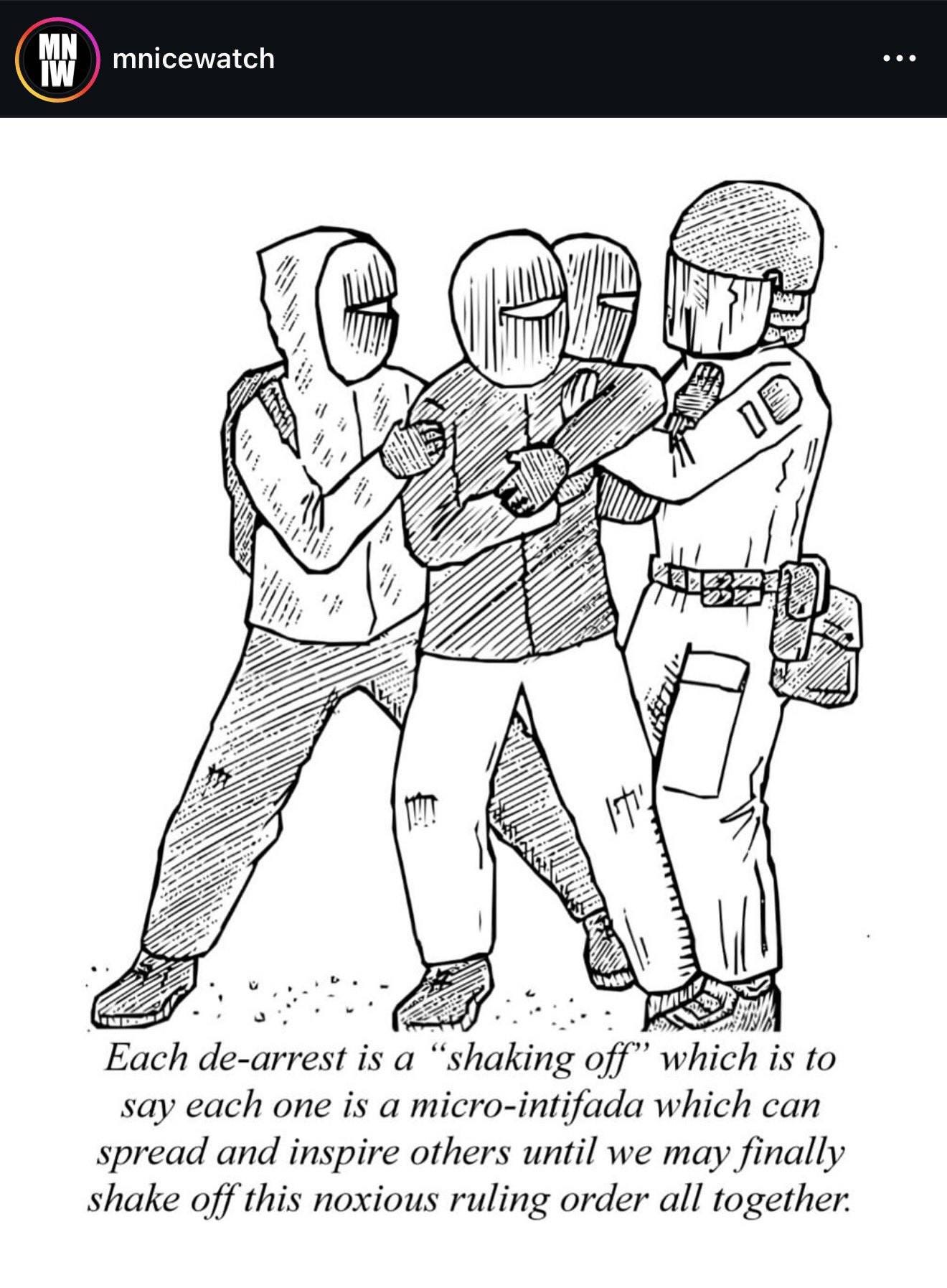 May be an illustration of ‎one or more people and ‎text that says '‎MN IW mnicewatch H ปลีก بو ሙትዜ ሞላዊቻ SUM D 超 I!!! け Each de-arrest is a "shaking off" which is to say each one is a micro-intifada which can spread and inspire others until we may finally shake off this noxious ruling order all together.‎'‎‎