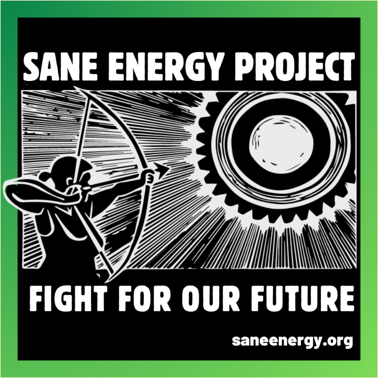 Graphic Novelist Seth Tobocman's Illustration of Sane Energy Energy Project of a person pointing a bow and arrow at the sun.