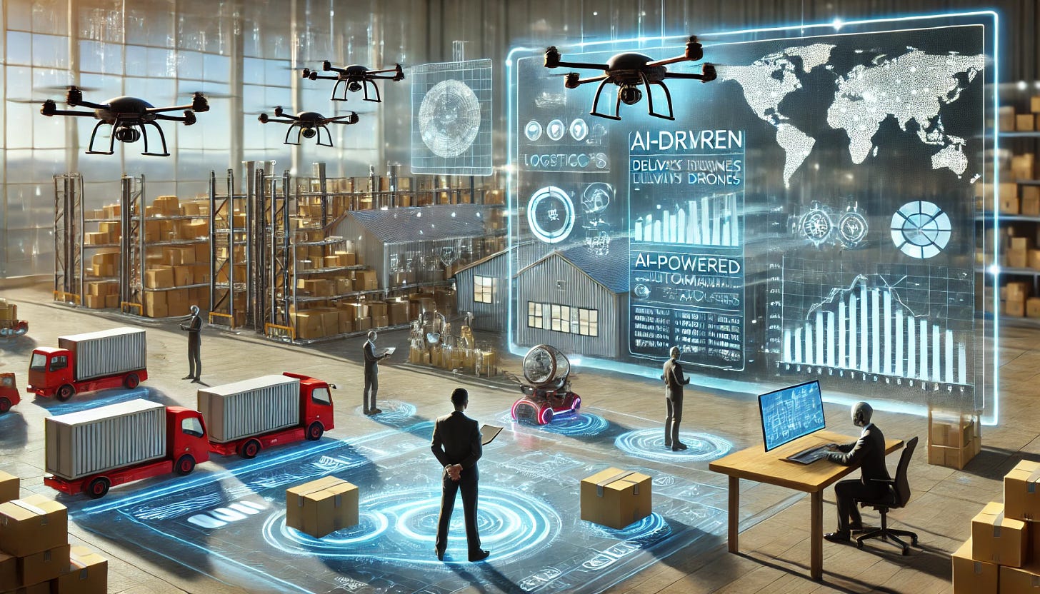 A futuristic AI-driven logistics hub with autonomous delivery drones, robotic warehouses, and AI-powered dashboards displaying key investment metrics. The setting is a high-tech environment with professionals analyzing data on holographic screens. The color scheme is sleek and modern, emphasizing innovation and efficiency.
