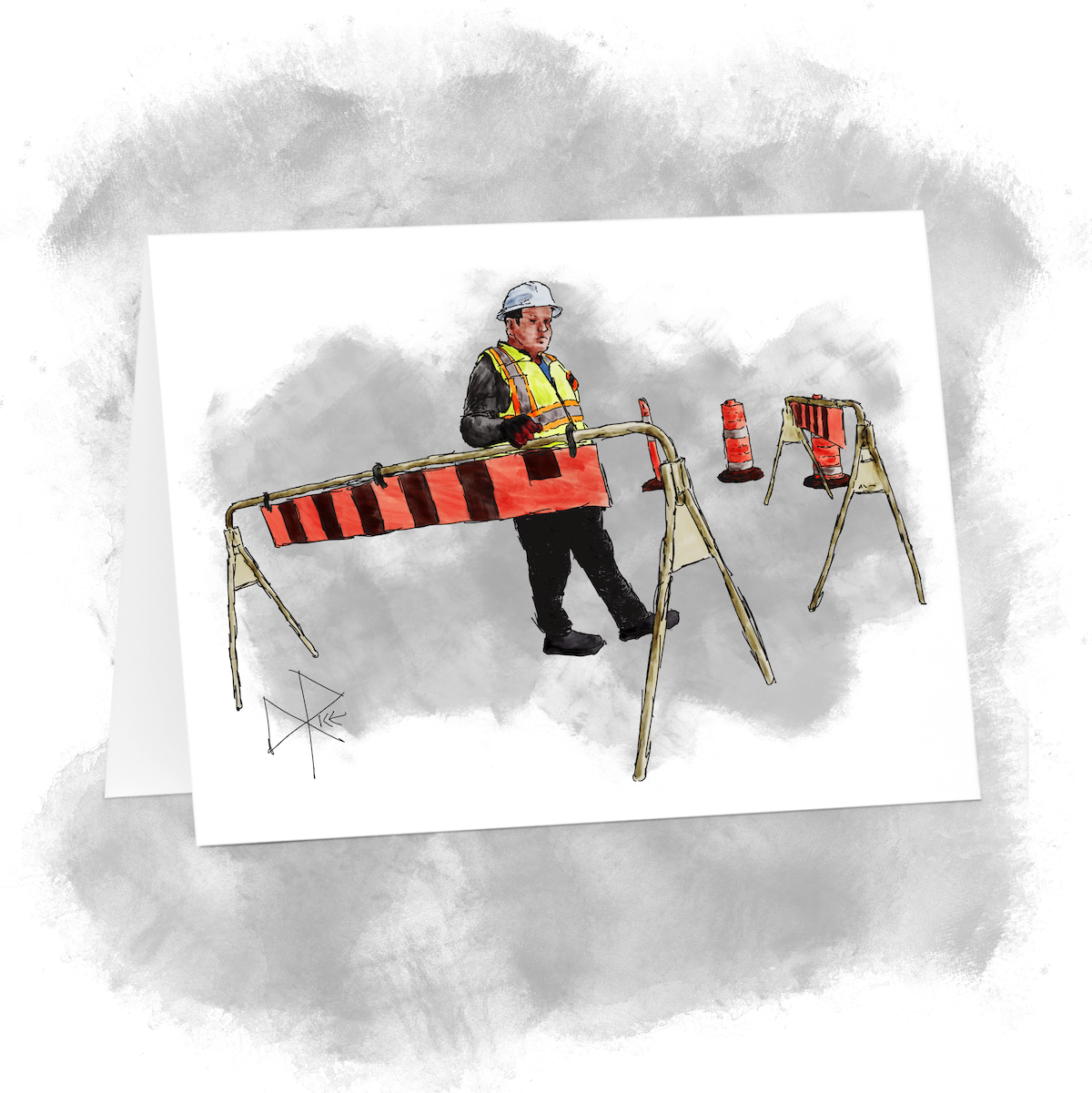 A man in a safety vest and hard hat, walking the perimeter of a construction site marked by temporary barriers. Sketch art by Don Rice.