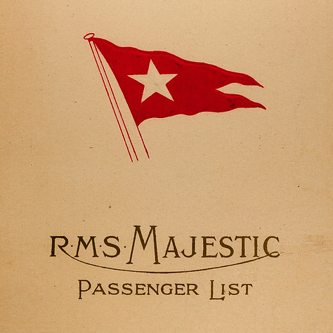 Four images of text from the RMS Majestic passenger list and two from the ship's dinner menu. The menu pages are printed black on light brown or sepia paper. The first page also has a log of a red flag with a white star. The menu is handwritten in blank ink in French. Its cover has a line drawing of a woman in fancy dress above script reading "R.M.S. Majestic Restaurant"