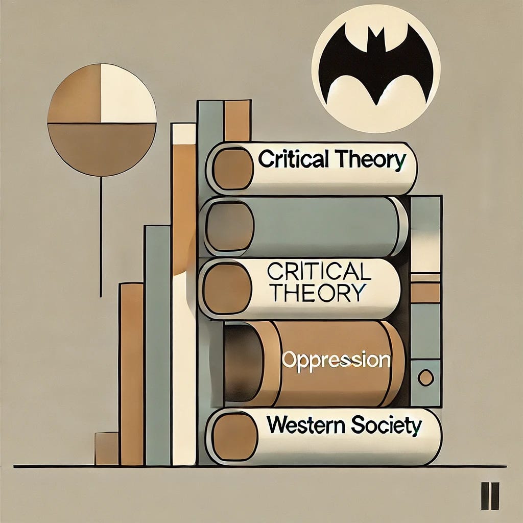 A minimalist and abstract representation of an academic theme. The image should have a chic and modern design, with simple, clean lines and muted colors. A symbolic stack of books labeled 'Critical Theory' is prominently featured, with a few titles like 'Oppression' and 'Western Society' subtly visible. Nearby, a smaller, almost transparent stack labeled 'Bunking' is slightly faded, giving a sense of neglect. In the background, a simple, abstract shape resembling a 'Bat Signal' can be seen. The overall design is sleek, with a focus on negative space, evoking a sophisticated and intellectual atmosphere.