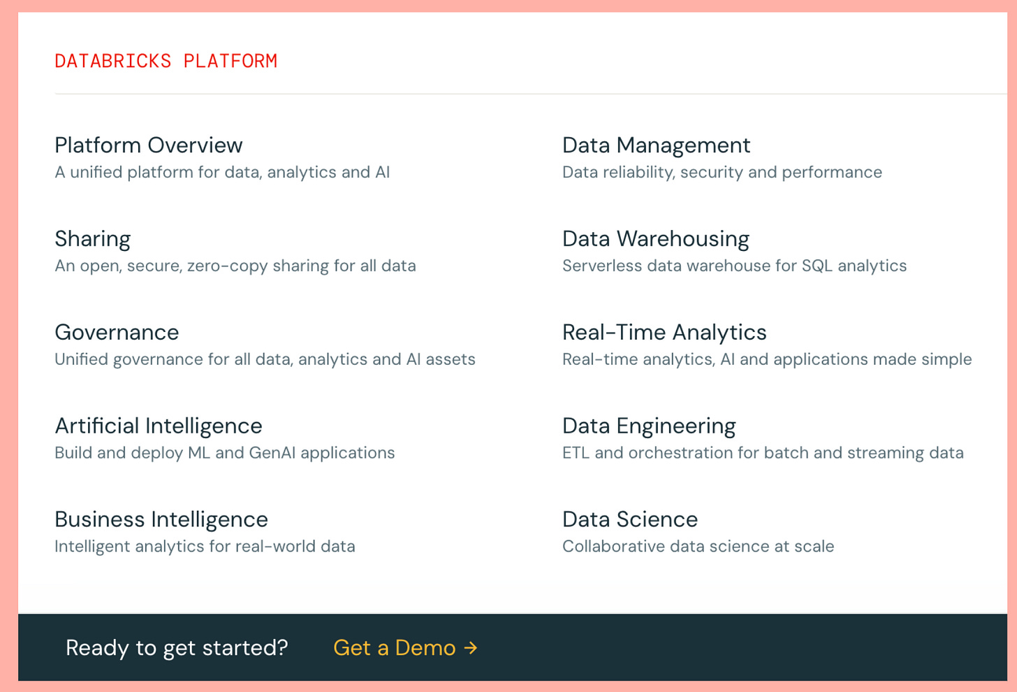 Databricks landing page contains internal links to a large base of product pages.
