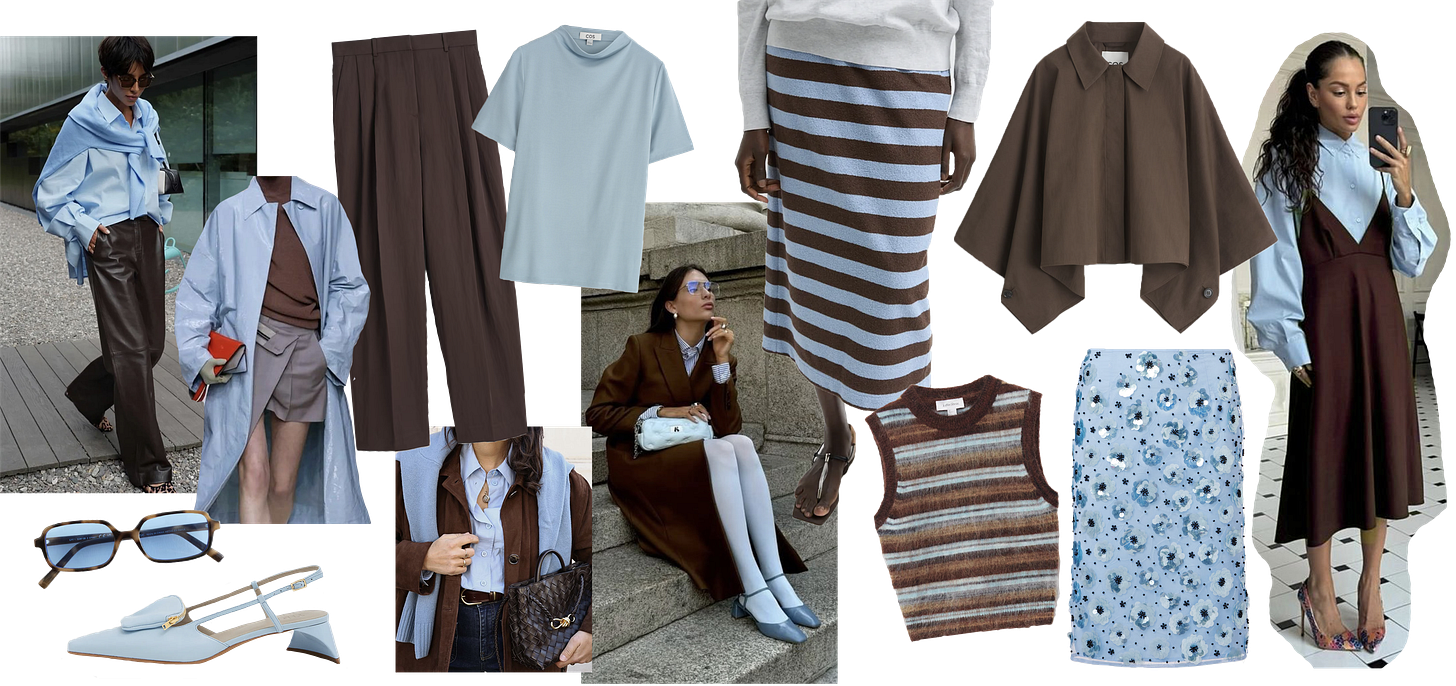 blue and brown outfit inspo and shoppable pieces from Tibi, COS, And Other Storie, Rotate