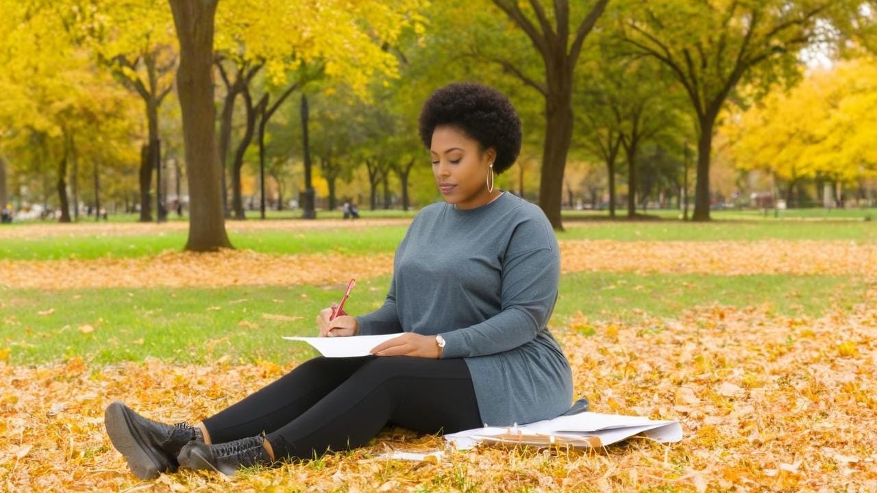 African American woman sitting in the park in the fall writing a letter